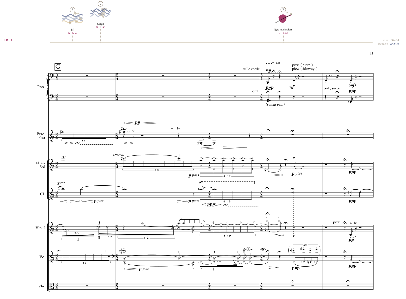 Score excerpt: The Daughter of Oceans, letter G, three ebru gestures over the densest bars