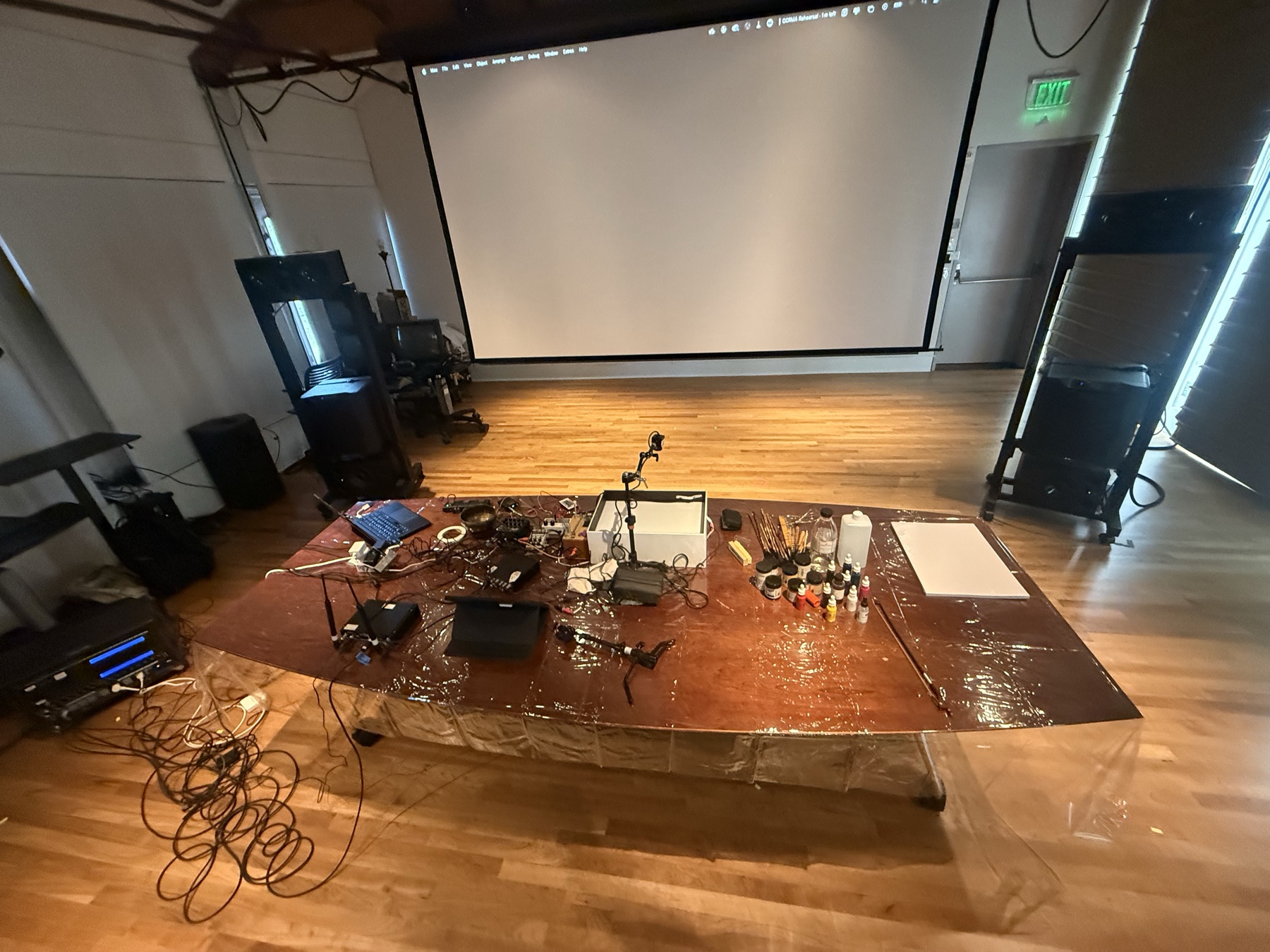 instrument laid out: tray, pigments, mics, electronics
